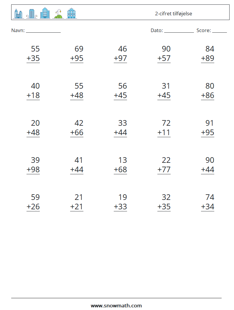 (25) 2-cifret tilføjelse Matematiske regneark 1