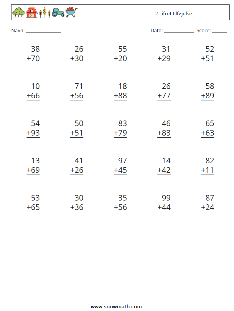 (25) 2-cifret tilføjelse Matematiske regneark 10