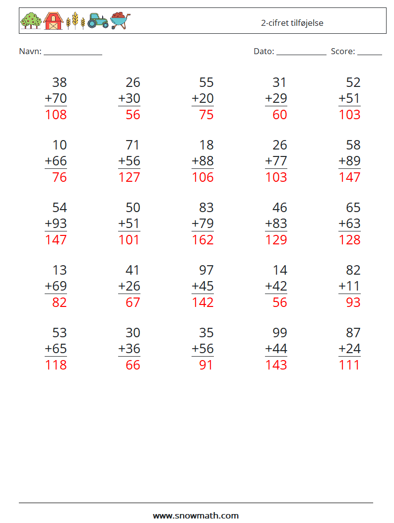 (25) 2-cifret tilføjelse Matematiske regneark 10 Spørgsmål, svar