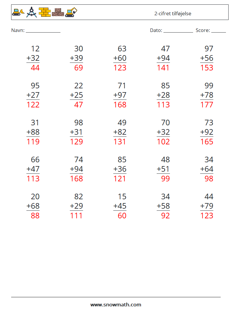 (25) 2-cifret tilføjelse Matematiske regneark 11 Spørgsmål, svar