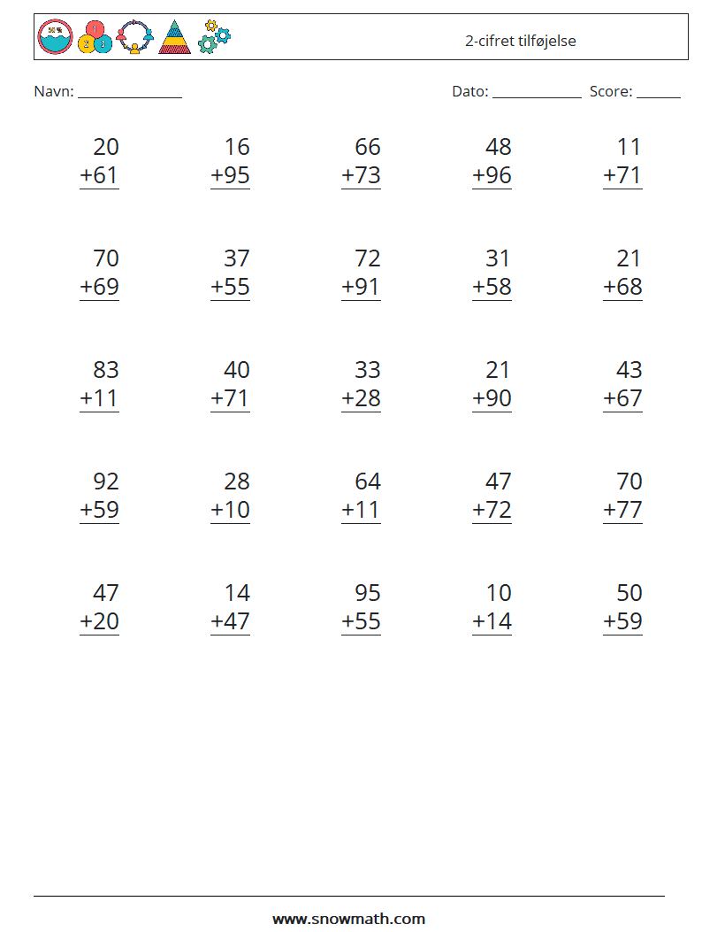 (25) 2-cifret tilføjelse Matematiske regneark 12