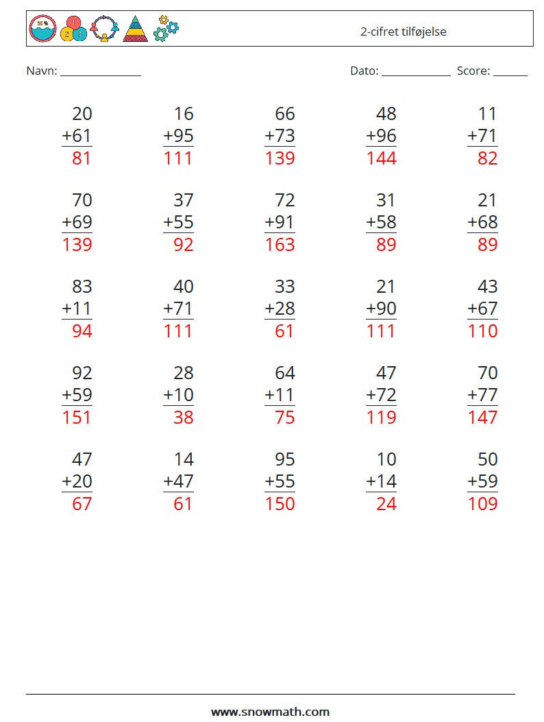 (25) 2-cifret tilføjelse Matematiske regneark 12 Spørgsmål, svar