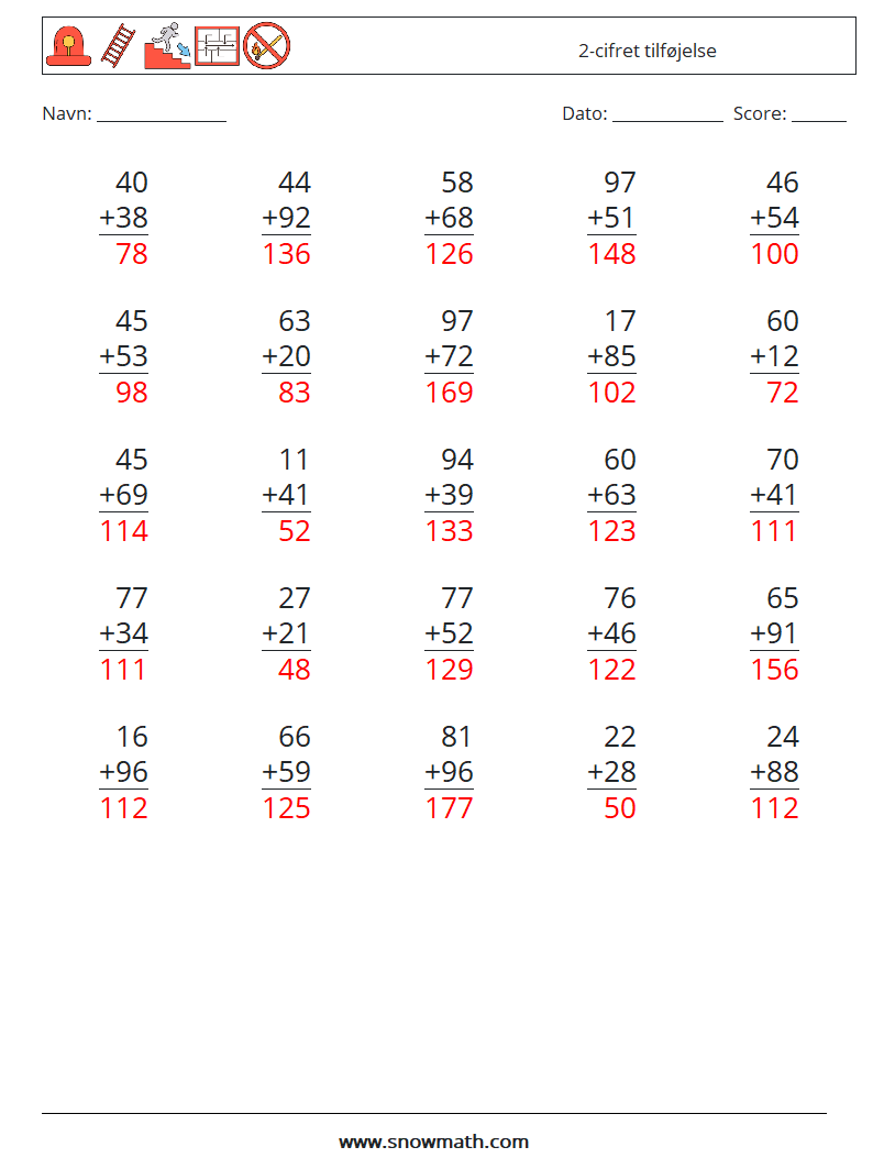 (25) 2-cifret tilføjelse Matematiske regneark 13 Spørgsmål, svar