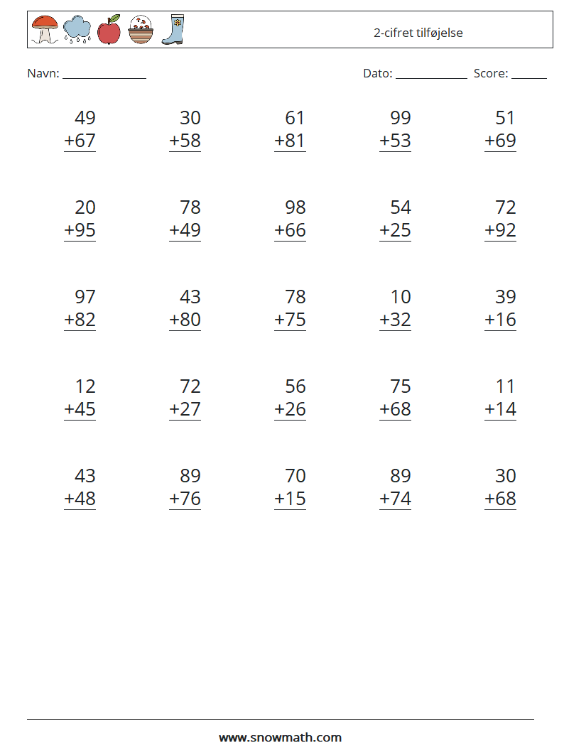 (25) 2-cifret tilføjelse Matematiske regneark 14