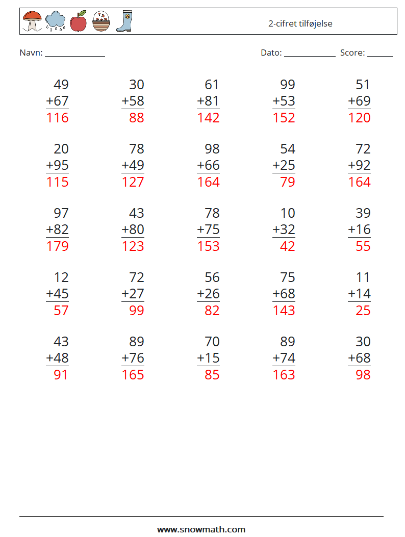 (25) 2-cifret tilføjelse Matematiske regneark 14 Spørgsmål, svar