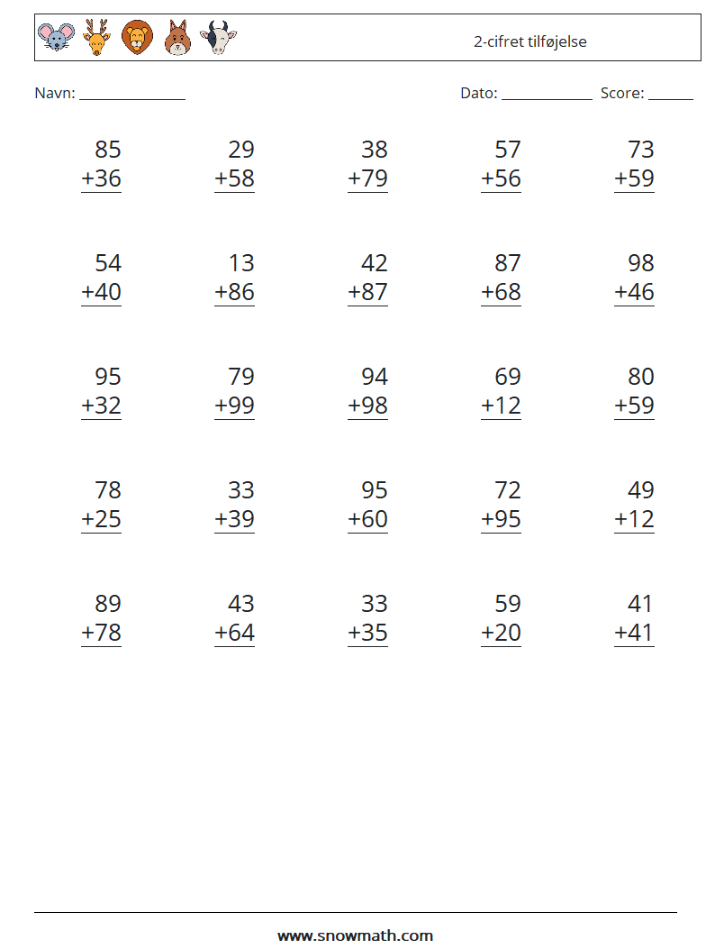 (25) 2-cifret tilføjelse Matematiske regneark 15