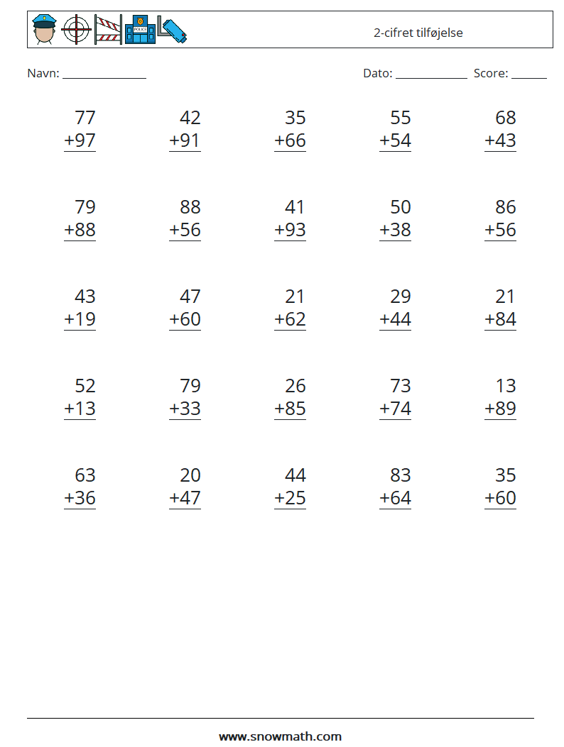 (25) 2-cifret tilføjelse Matematiske regneark 16