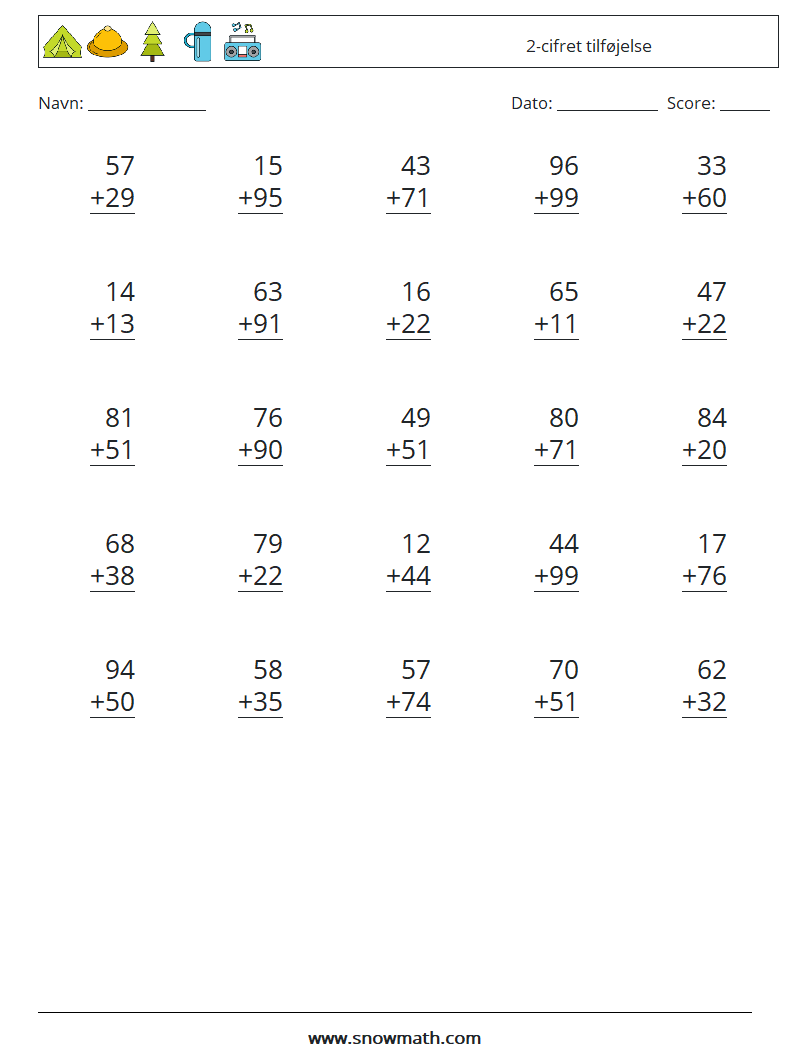 (25) 2-cifret tilføjelse Matematiske regneark 17