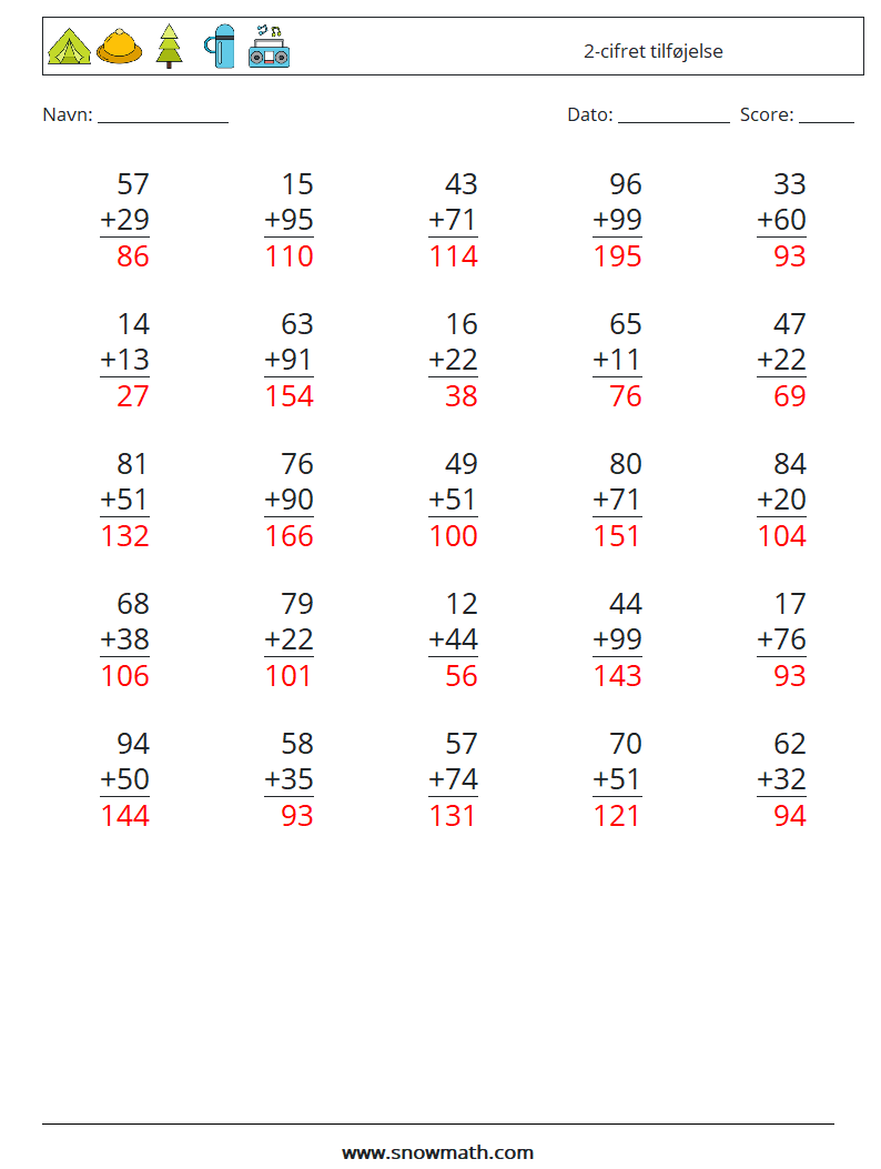 (25) 2-cifret tilføjelse Matematiske regneark 17 Spørgsmål, svar