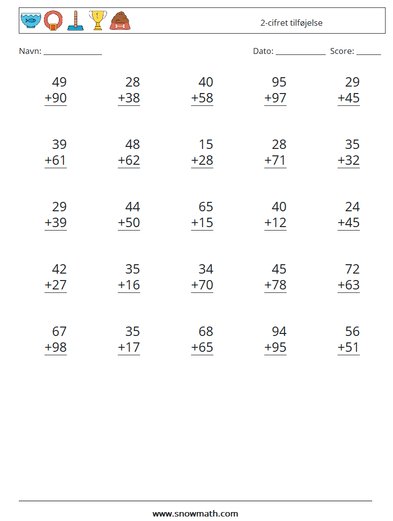 (25) 2-cifret tilføjelse Matematiske regneark 18