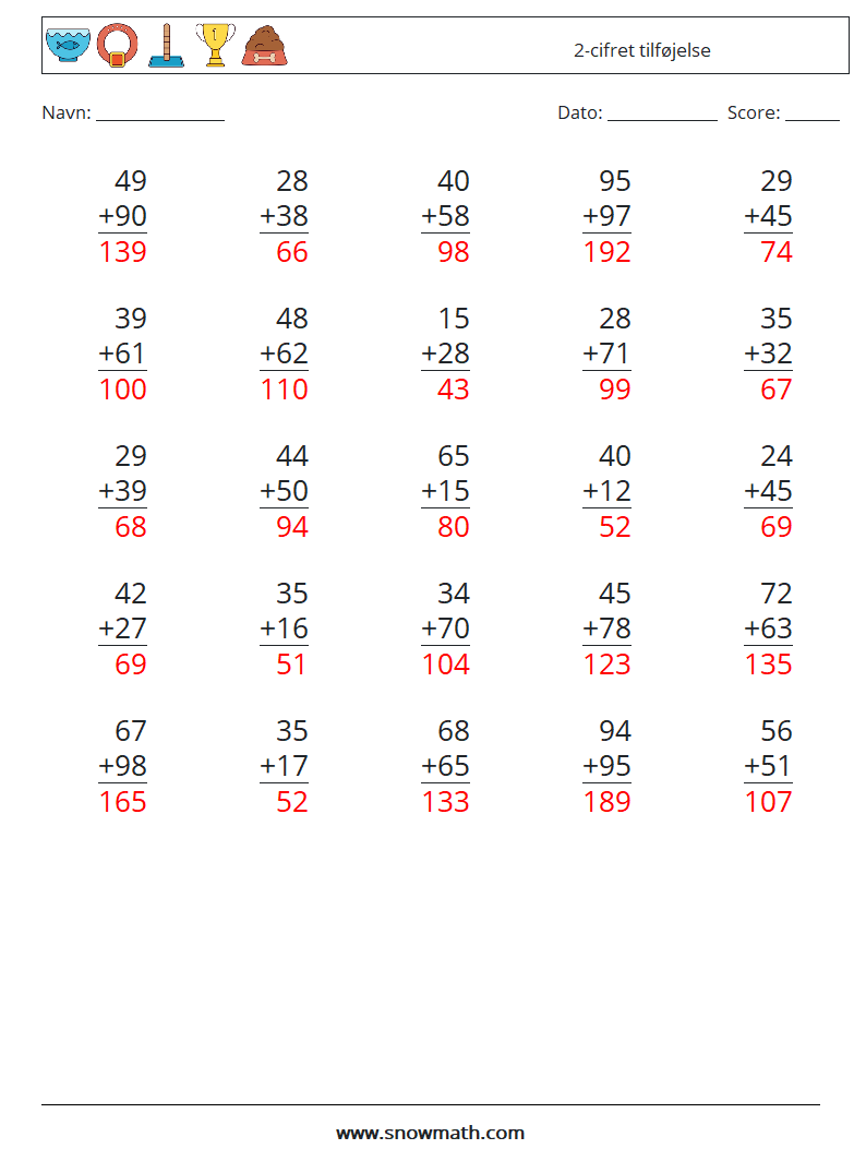 (25) 2-cifret tilføjelse Matematiske regneark 18 Spørgsmål, svar