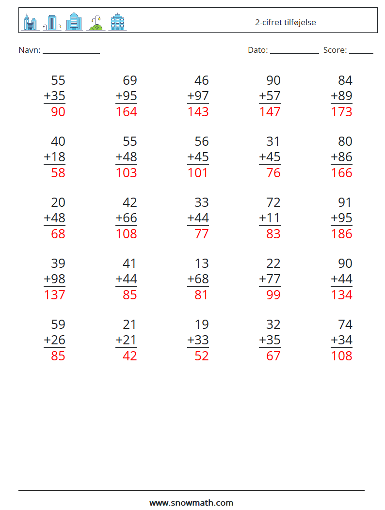 (25) 2-cifret tilføjelse Matematiske regneark 1 Spørgsmål, svar