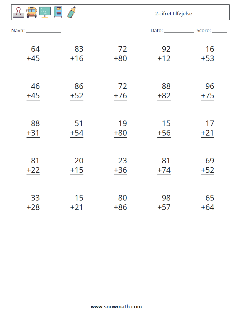 (25) 2-cifret tilføjelse Matematiske regneark 2