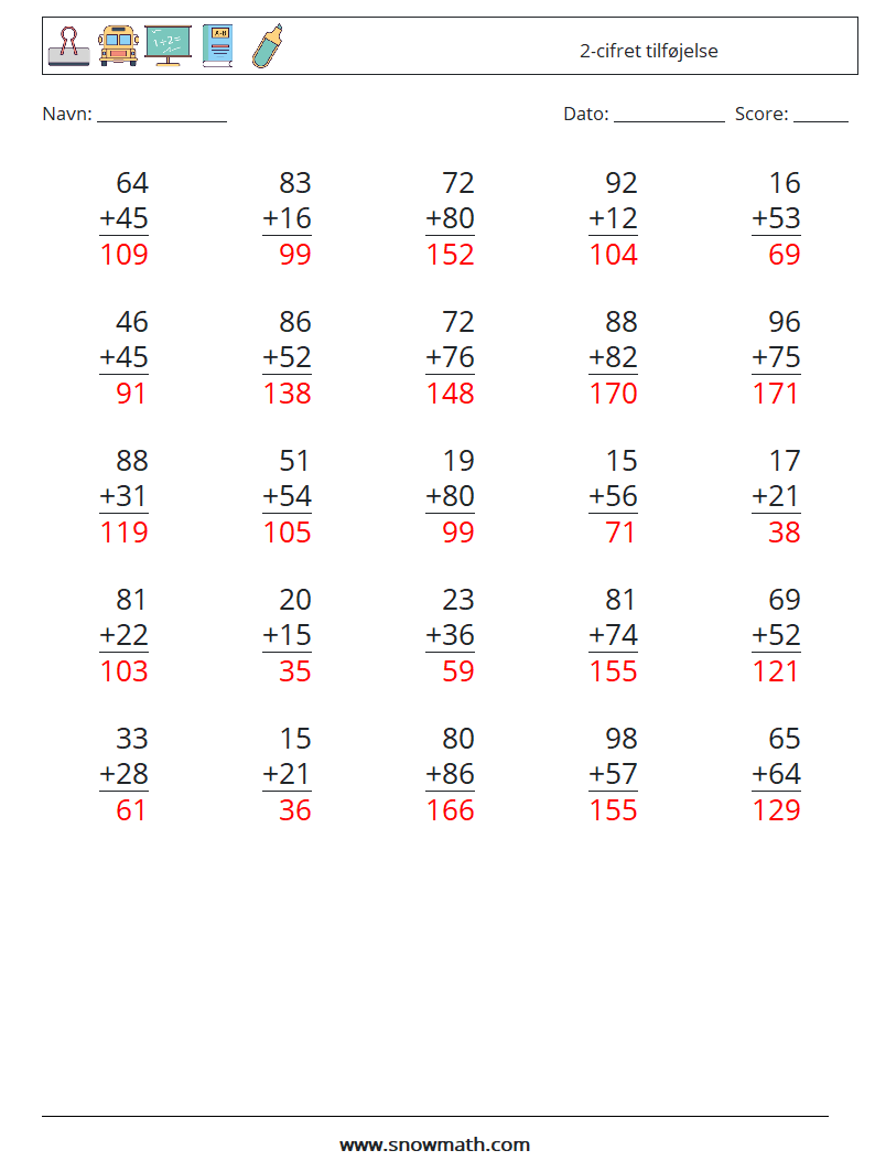 (25) 2-cifret tilføjelse Matematiske regneark 2 Spørgsmål, svar