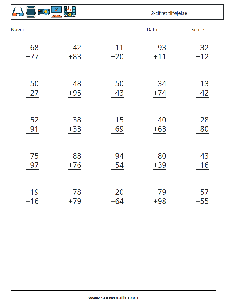 (25) 2-cifret tilføjelse Matematiske regneark 3