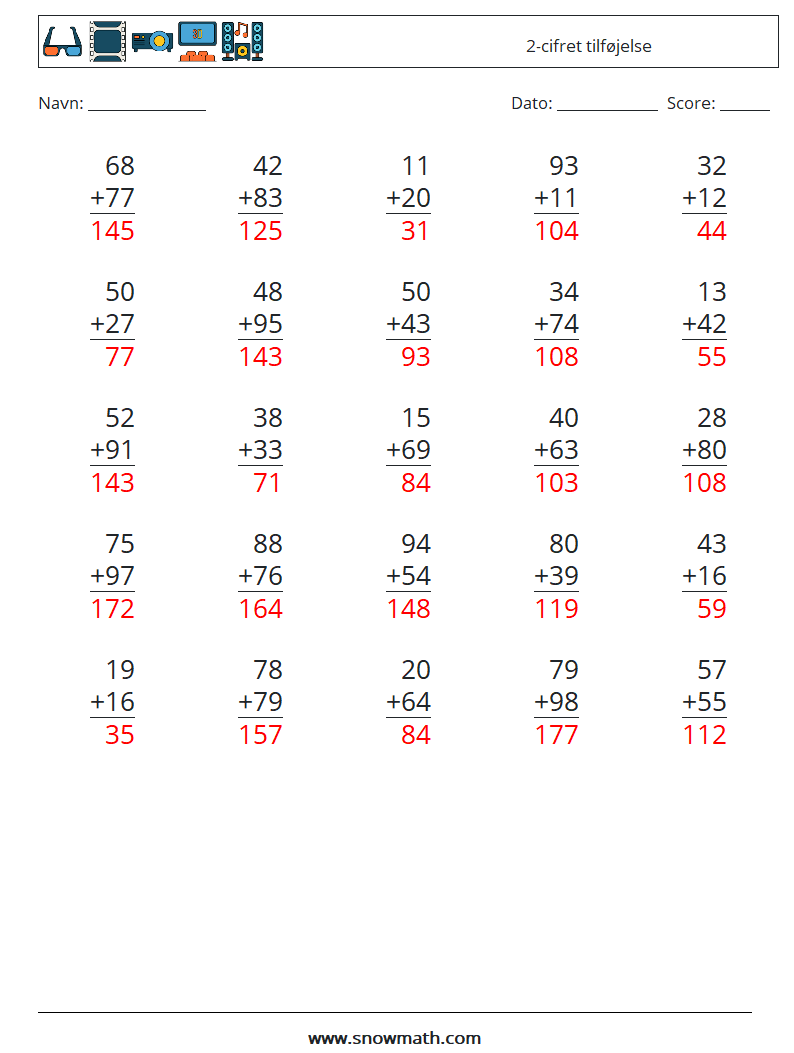 (25) 2-cifret tilføjelse Matematiske regneark 3 Spørgsmål, svar