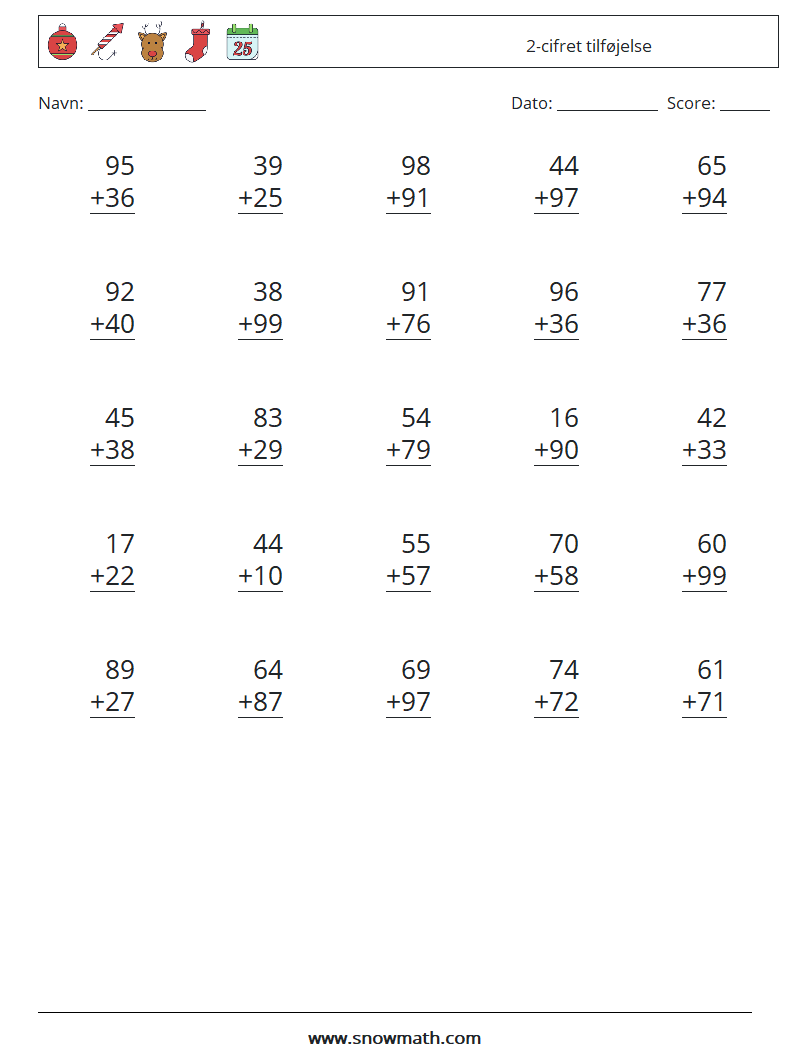 (25) 2-cifret tilføjelse Matematiske regneark 4