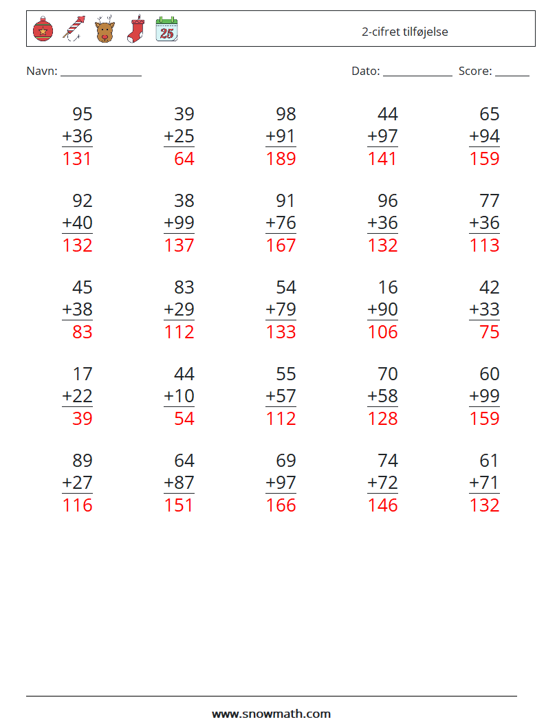 (25) 2-cifret tilføjelse Matematiske regneark 4 Spørgsmål, svar