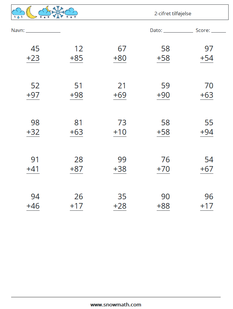 (25) 2-cifret tilføjelse Matematiske regneark 5