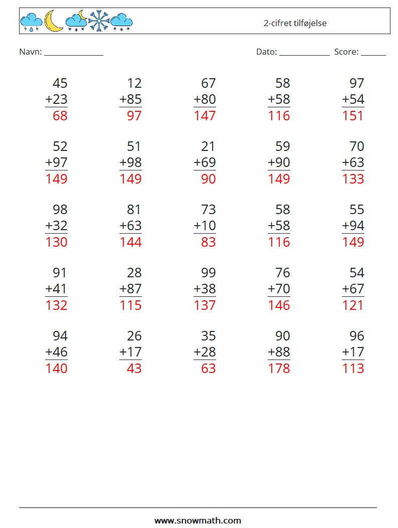 (25) 2-cifret tilføjelse Matematiske regneark 5 Spørgsmål, svar