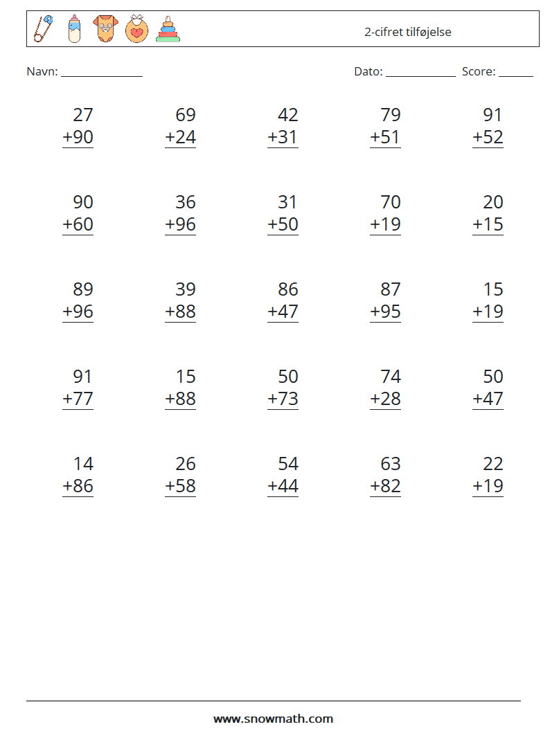 (25) 2-cifret tilføjelse Matematiske regneark 6