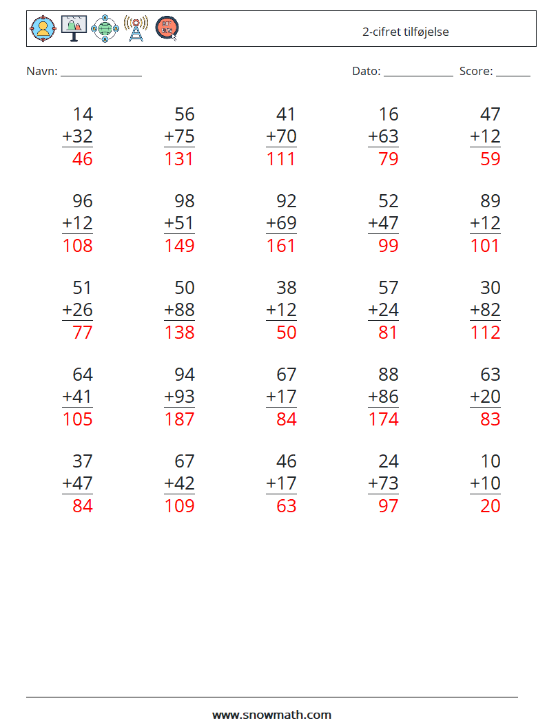 (25) 2-cifret tilføjelse Matematiske regneark 7 Spørgsmål, svar