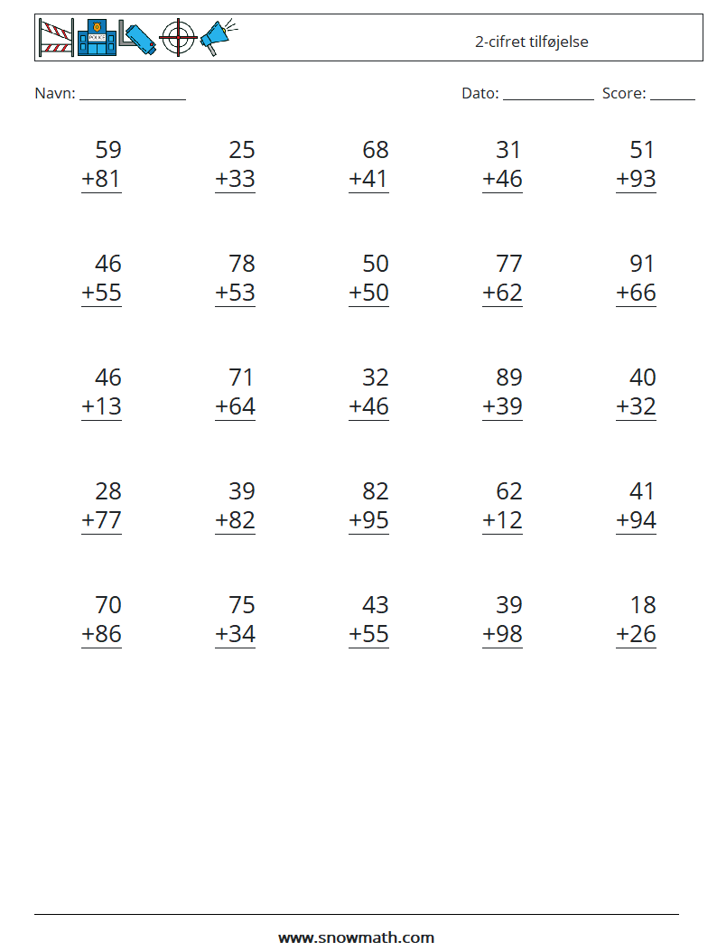 (25) 2-cifret tilføjelse Matematiske regneark 8