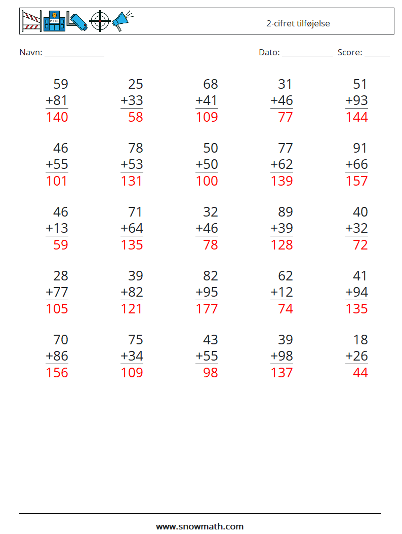 (25) 2-cifret tilføjelse Matematiske regneark 8 Spørgsmål, svar