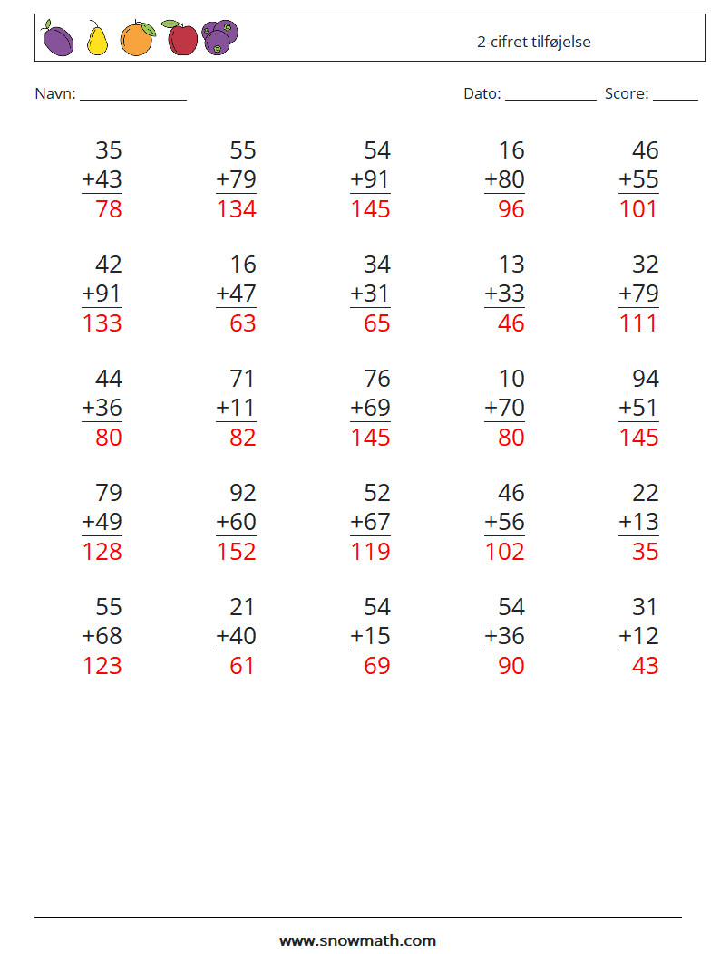 (25) 2-cifret tilføjelse Matematiske regneark 9 Spørgsmål, svar