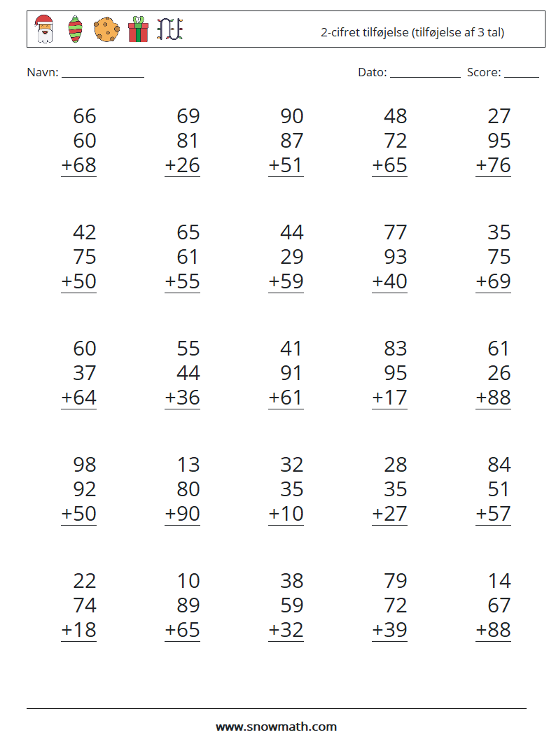 (25) 2-cifret tilføjelse (tilføjelse af 3 tal) Matematiske regneark 1