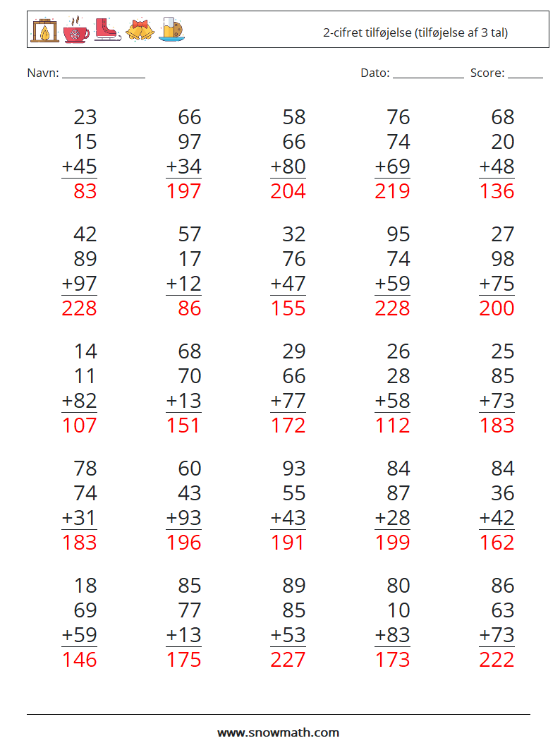 (25) 2-cifret tilføjelse (tilføjelse af 3 tal) Matematiske regneark 11 Spørgsmål, svar