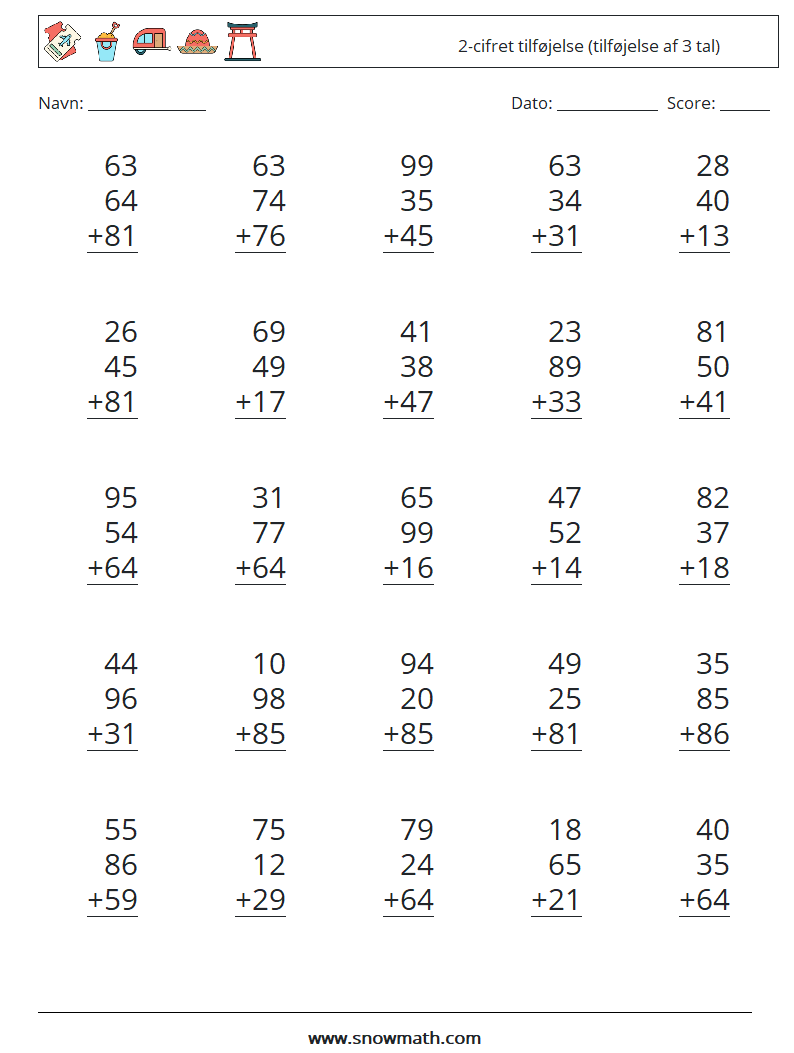 (25) 2-cifret tilføjelse (tilføjelse af 3 tal) Matematiske regneark 12