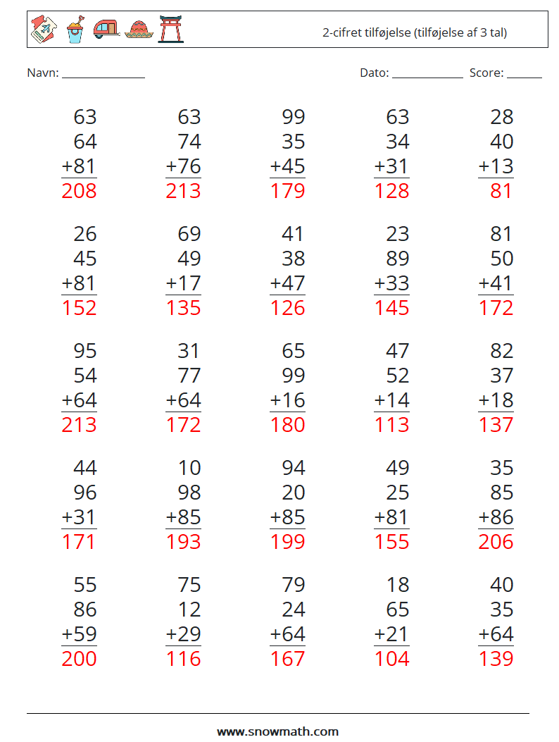 (25) 2-cifret tilføjelse (tilføjelse af 3 tal) Matematiske regneark 12 Spørgsmål, svar