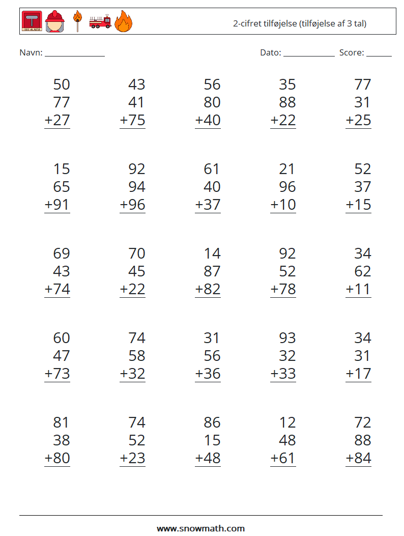 (25) 2-cifret tilføjelse (tilføjelse af 3 tal) Matematiske regneark 13