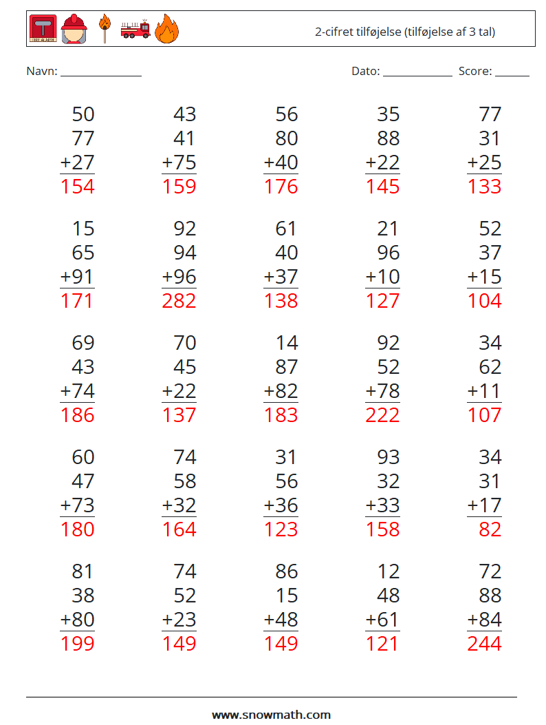 (25) 2-cifret tilføjelse (tilføjelse af 3 tal) Matematiske regneark 13 Spørgsmål, svar