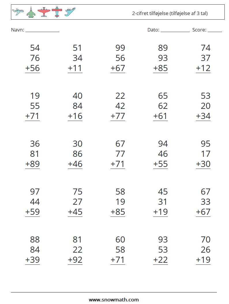 (25) 2-cifret tilføjelse (tilføjelse af 3 tal) Matematiske regneark 14