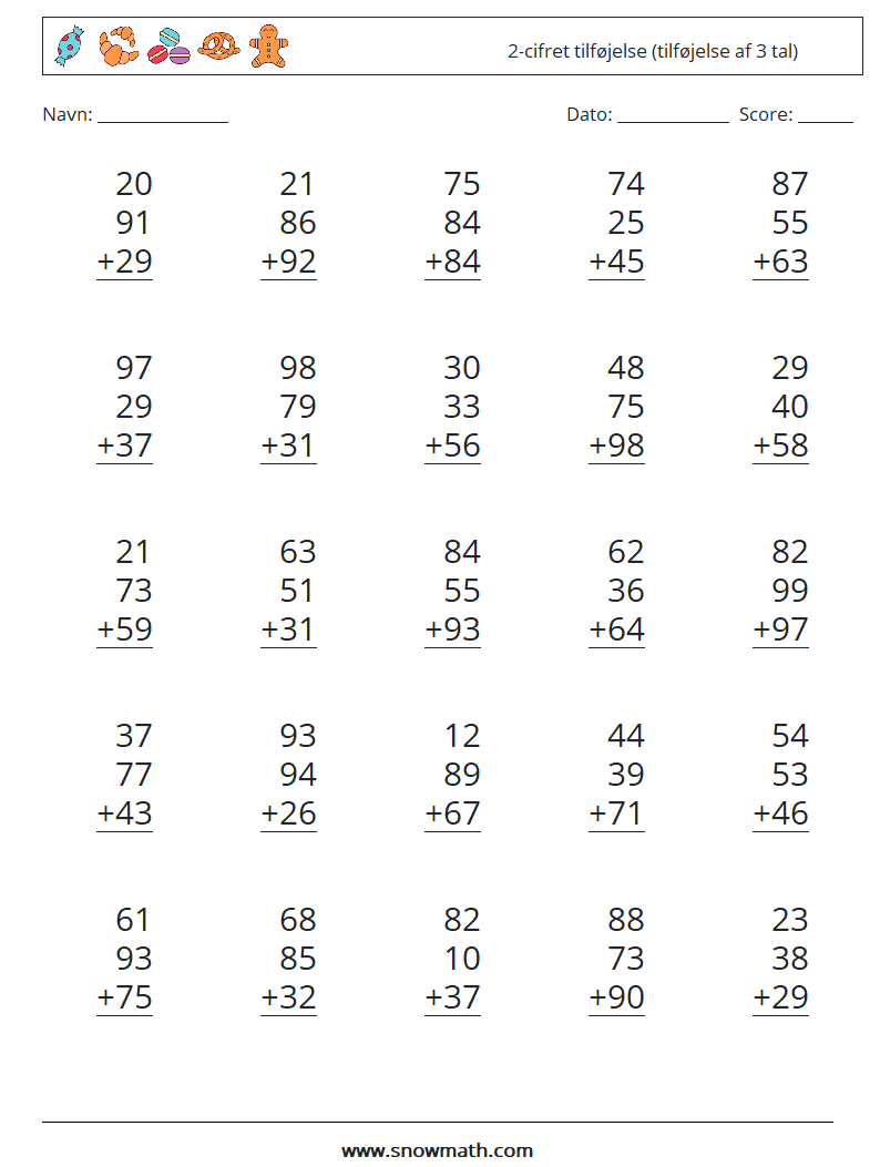 (25) 2-cifret tilføjelse (tilføjelse af 3 tal) Matematiske regneark 16