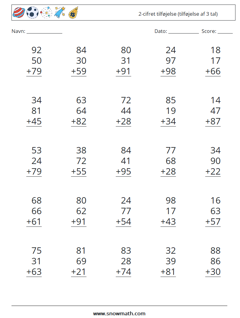 (25) 2-cifret tilføjelse (tilføjelse af 3 tal) Matematiske regneark 17