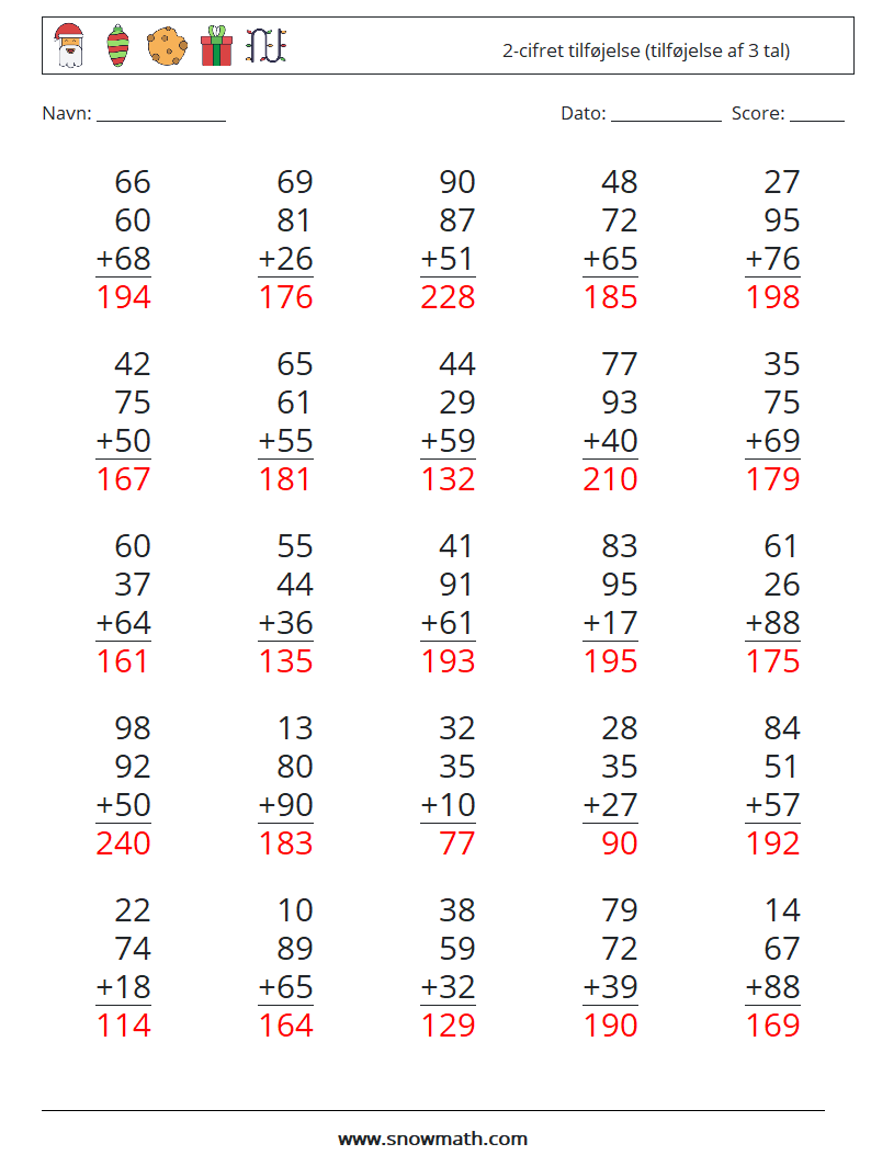 (25) 2-cifret tilføjelse (tilføjelse af 3 tal) Matematiske regneark 1 Spørgsmål, svar