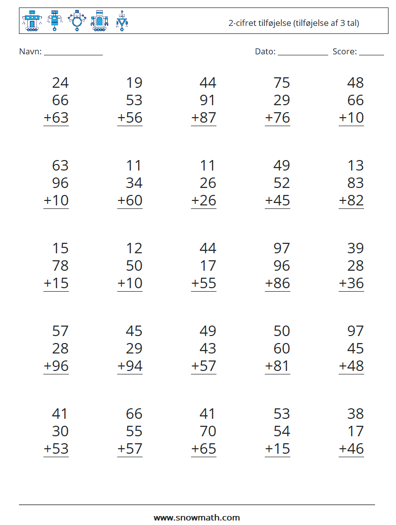 (25) 2-cifret tilføjelse (tilføjelse af 3 tal) Matematiske regneark 2