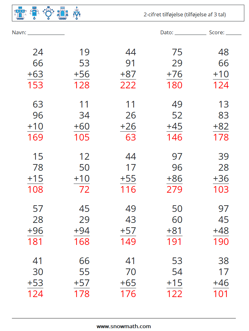 (25) 2-cifret tilføjelse (tilføjelse af 3 tal) Matematiske regneark 2 Spørgsmål, svar