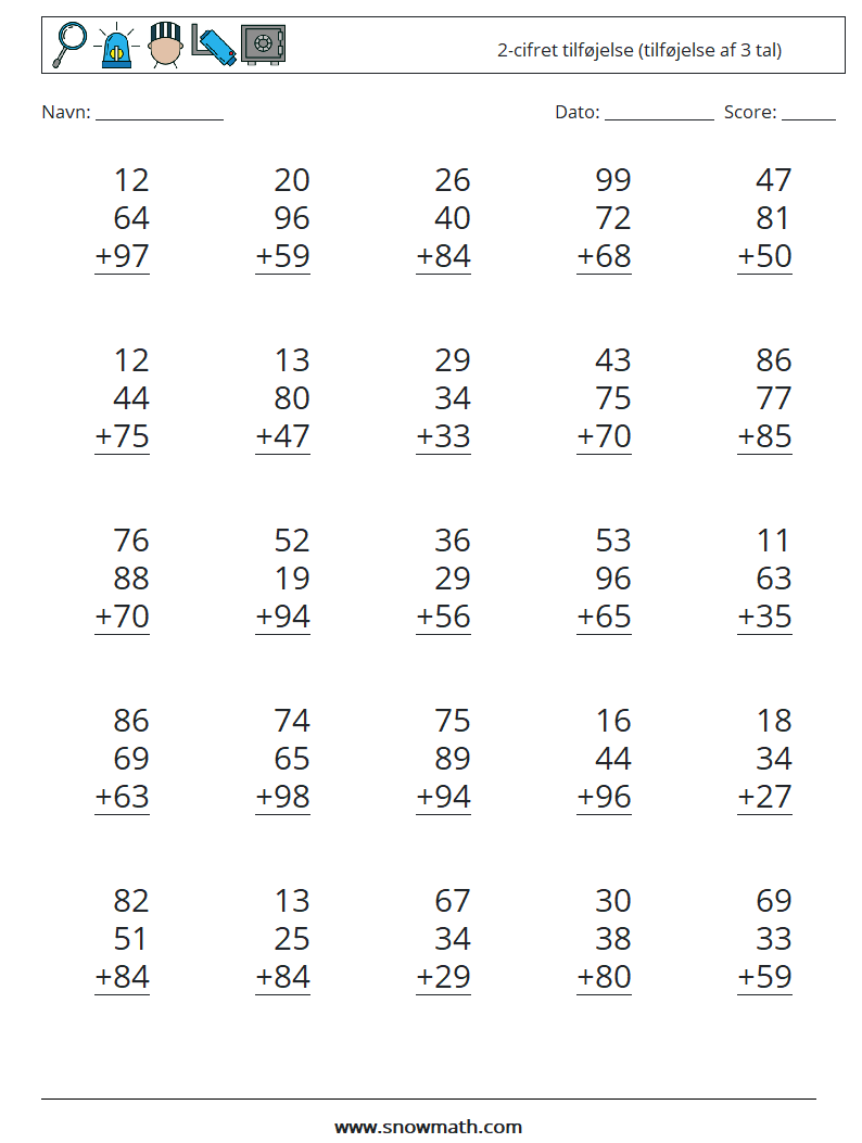 (25) 2-cifret tilføjelse (tilføjelse af 3 tal) Matematiske regneark 3