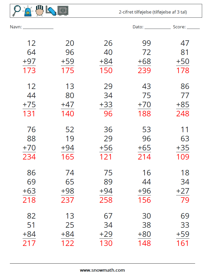 (25) 2-cifret tilføjelse (tilføjelse af 3 tal) Matematiske regneark 3 Spørgsmål, svar