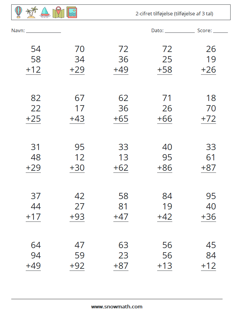 (25) 2-cifret tilføjelse (tilføjelse af 3 tal) Matematiske regneark 4