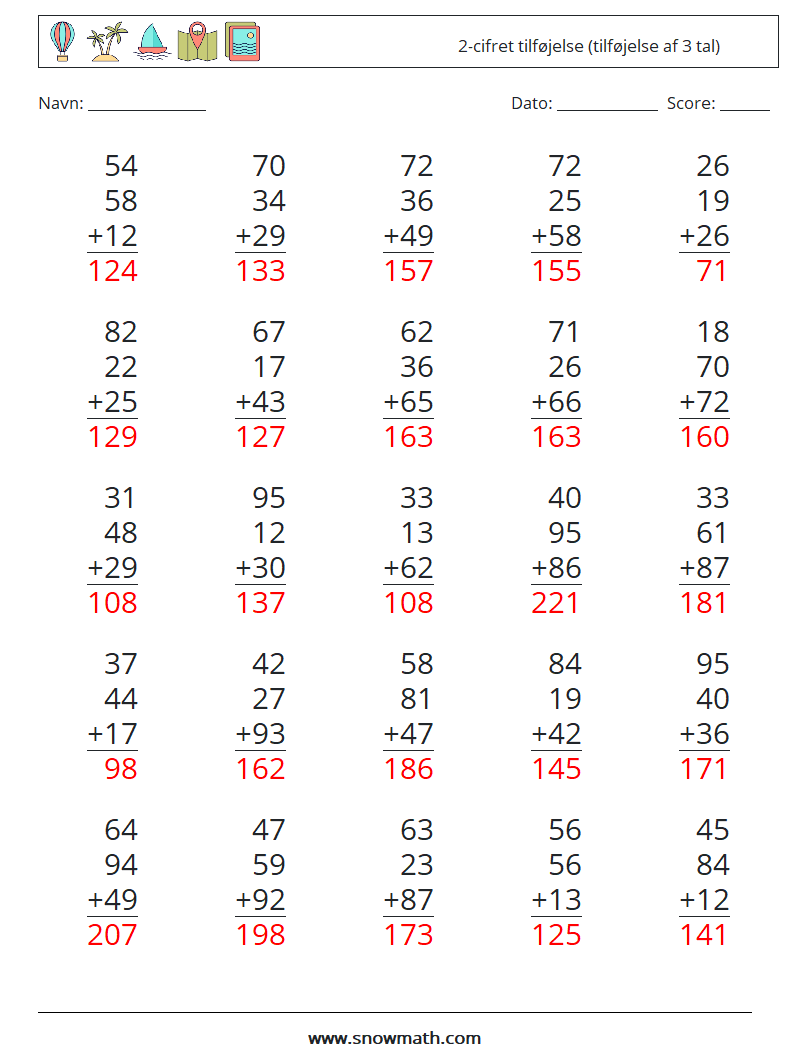 (25) 2-cifret tilføjelse (tilføjelse af 3 tal) Matematiske regneark 4 Spørgsmål, svar