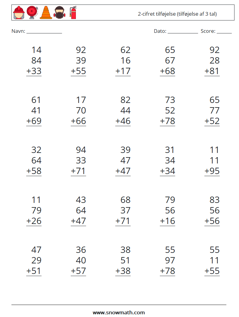 (25) 2-cifret tilføjelse (tilføjelse af 3 tal) Matematiske regneark 5