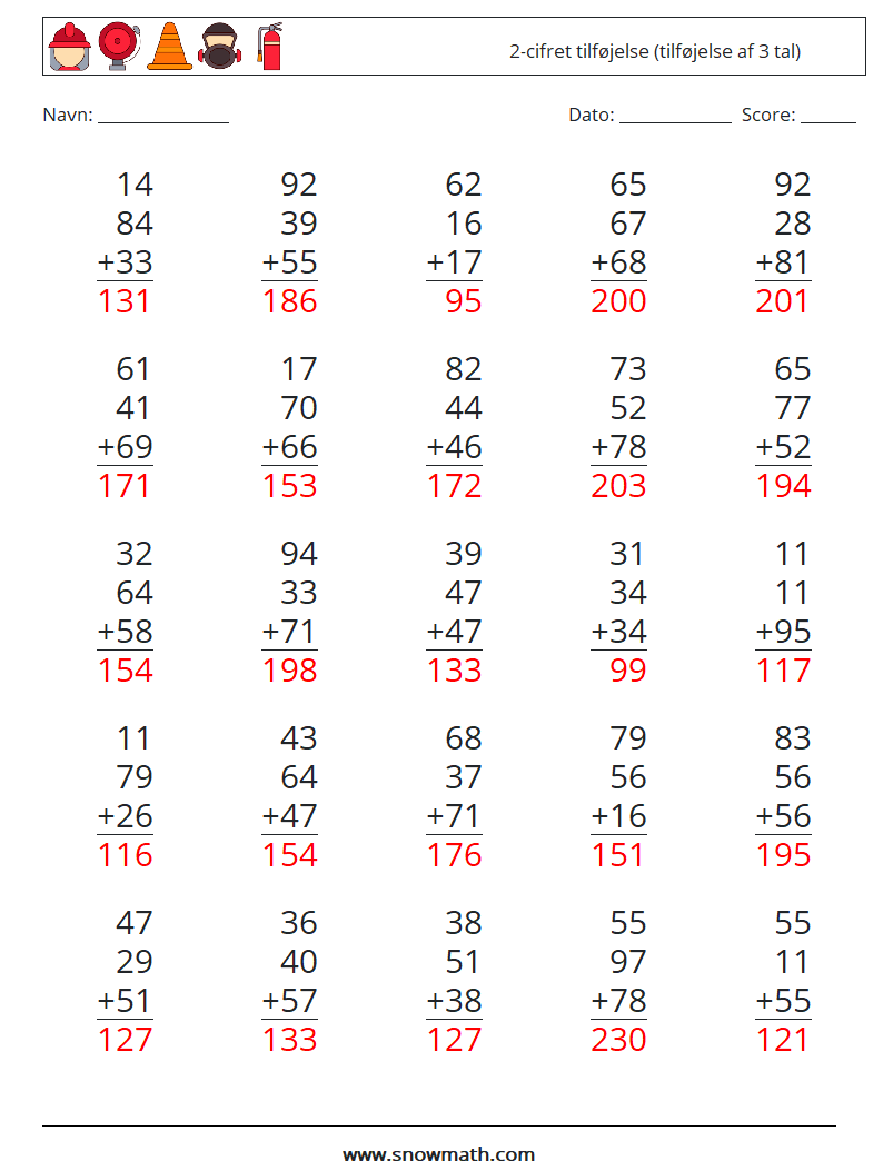 (25) 2-cifret tilføjelse (tilføjelse af 3 tal) Matematiske regneark 5 Spørgsmål, svar