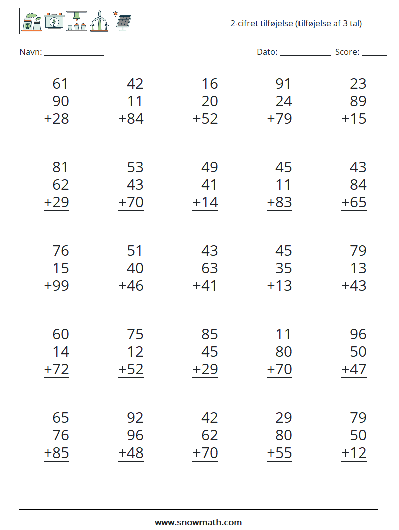 (25) 2-cifret tilføjelse (tilføjelse af 3 tal) Matematiske regneark 6