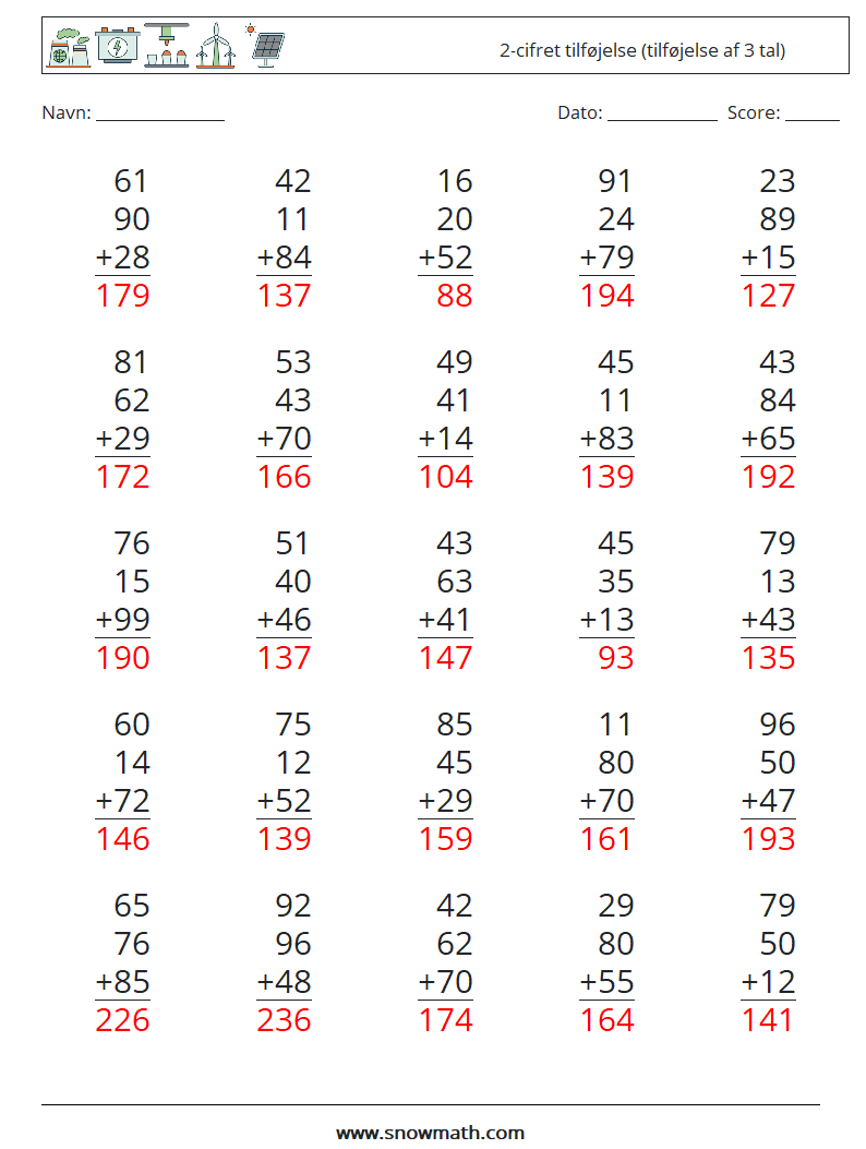 (25) 2-cifret tilføjelse (tilføjelse af 3 tal) Matematiske regneark 6 Spørgsmål, svar