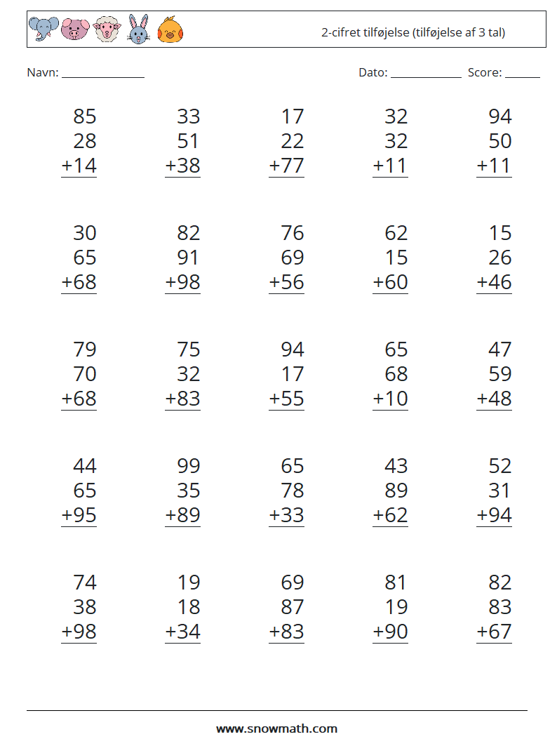 (25) 2-cifret tilføjelse (tilføjelse af 3 tal) Matematiske regneark 7